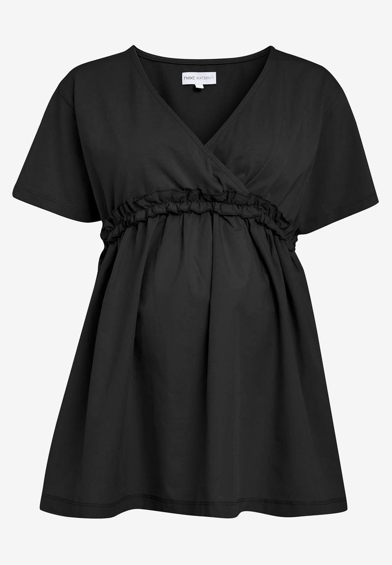 Haut de maternité noir avec encolure en V, manches courtes et taille empire élastique froncée pour un ajustement réglable.