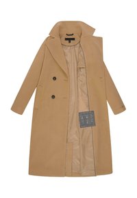 Kamelfärgad dubbelknäppt kappa med slagkrage, framfickor och en slät beige foder. Har svarta knappar och en intern skötselättikett.