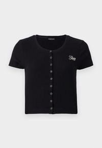 Musta lyhythihainen ribbipaita pyöreällä pääntiellä ja edessä napitus. Vasemmassa rintapielessä on logo-embroidointi.