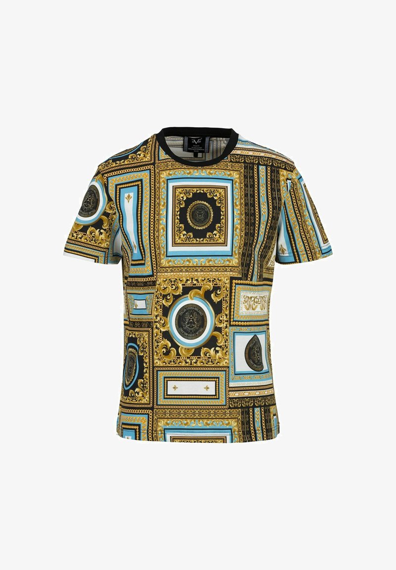 Kurzarmhemd mit geometrischem Muster in Gold, Schwarz und Blau. Aus glattem Stoff gefertigt, mit Rundhalsausschnitt und klaren Kanten.