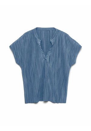 Blauwe, kortärmelige top met een V-hals en een verticale geplooide textuur. Losse pasvorm met een lichte drape, gemaakt van een lichte stof.