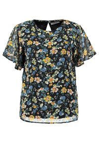 Černá halenka s květinovým vzorem v modré, žluté a bílé barvě, s volánkovými rukávy, kulatým výstřihem a zapínáním na zádech na knoflíček.