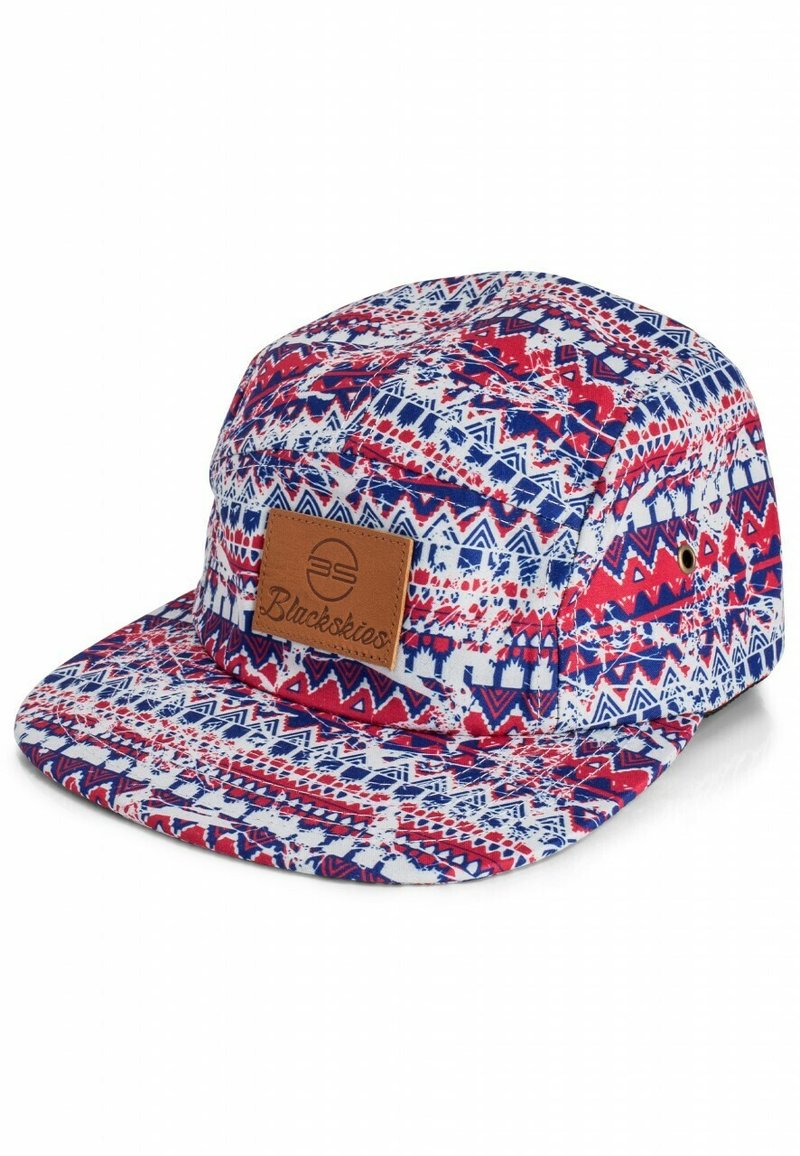 Five-panel cap with a white, red, and blue geometric pattern. Features a tan leather label on the front and a flat brim.