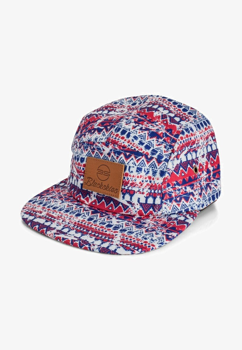 Five-panel cap with a white, red, and blue geometric pattern. Features a tan leather label on the front and a flat brim.
