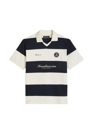 Short-sleeve polo shirt with wide black and white horizontal stripes, collar, and printed text and logo on the chest.