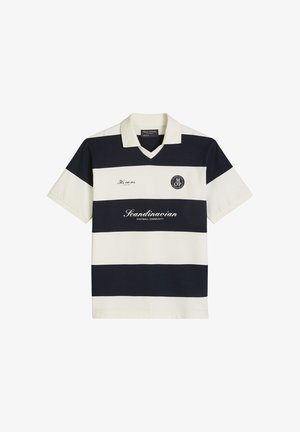 Short-sleeve polo shirt with wide black and white horizontal stripes, collar, and printed text and logo on the chest.
