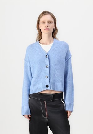 Cardigan court bleu clair en tricot doux, avec un col en V, des manches longues, cinq boutons noirs et un ourlet côtelé.