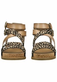 Sandály na páscích s leopardím vzorem, hnědé kožené pásky, dvě spony a korková stélka. Podešev má plochý design.