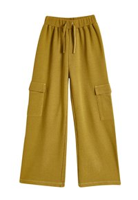 Senfgelbe weit geschnittene Hosen aus weichem Material, mit einem elastischen Bund, Zugband und zwei Cargo-Taschen.