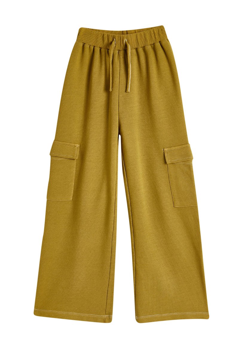 Senfgelbe weit geschnittene Hosen aus weichem Material, mit einem elastischen Bund, Zugband und zwei Cargo-Taschen.