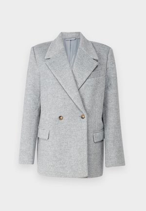 Gray wool-blend double-breasted blazer with a tailored design, sharp collar, and two front pockets. Features brown button accents.