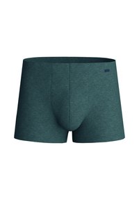 Mutande boxers da uomo in verde scuro, realizzate in morbido tessuto elastico. Presentano un taschino sagomato e una cintura senza cuciture con una piccola etichetta logata.
