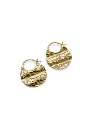 Pair of gold, round, hammered metal hoop earrings with a latch back closure on a white background.