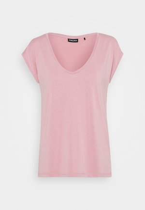 Světle růžový krátký rukáv dámský top s výstřihem do V a volným střihem, zobrazený na jednobarevném bílém pozadí.