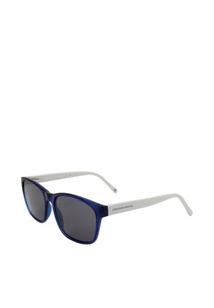 Occhiali da sole con montatura blu, lenti scure e aste bianche, con il marchio "United Colors of Benetton" sul lato.