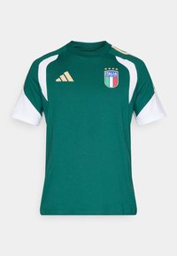 Grøn atletisk T-shirt med hvide ærmer, med en broderet Italia-logo og guld accenter, lavet af blødt, åndbart materiale.