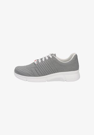 Gray athletic shoe with textured fabric upper, white rubber outsole, and contrasting white laces. Side features subtle vertical lines.