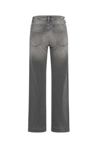Grå denim jeans med et vidde ben-design, der har en mellemhøj talje, to baglommer og en subtil falmeffekt.
