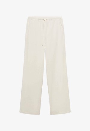 Pantalons larges en tissu beige clair avec taille à cordon, comprenant deux poches latérales et une texture douce, adaptés pour une tenue décontractée.