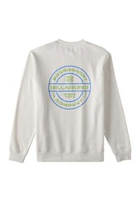 Felpa a maniche lunghe grigia chiaro con logo circolare verde e blu "BILLABONG BOARDSHORT COMPANY SINCE 1973" stampato sul retro.