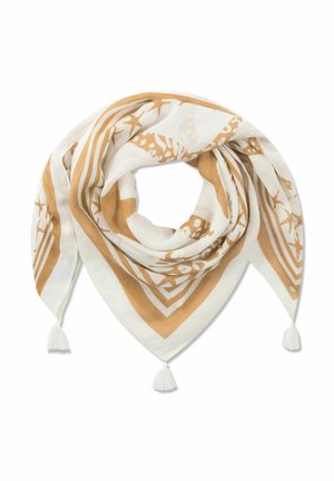 Weiß-beiges dreieckiges Tuch mit Seestern- und Muschelmuster, an jeder Ecke mit drei weißen Quasten versehen.