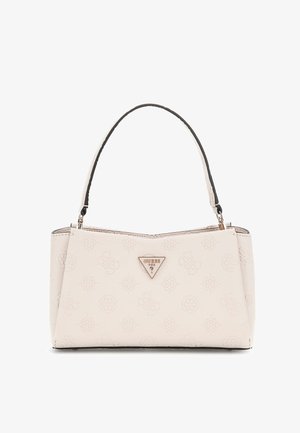 Light pink synthetic handbag with embossed logo pattern, triangular logo plaque, and short black handle. Smooth texture, structured shape.