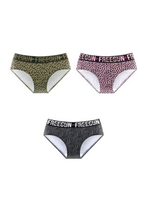 Sous-vêtements hipster pour femmes avec motifs animaliers : léopard vert, léopard rose et zèbre noir, chacun avec une ceinture de marque.