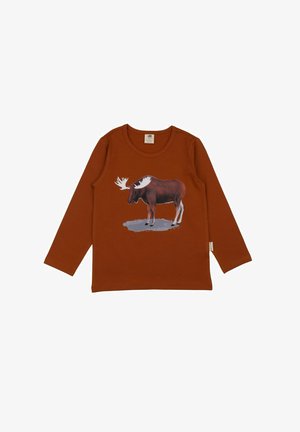 Long-sleeve, rust-colored shirt made of cotton. Features a graphic of a moose in white and brown against a grey background.