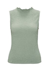 Tílko světle zelené barvy s texturovanou látkou s vrásčitým vzorem a volánkovým výstřihem. Přiléhavý střih.