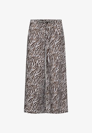 Hoge taille wijde broek met bruine en witte zebraprint en een verstelbare taille met koord.