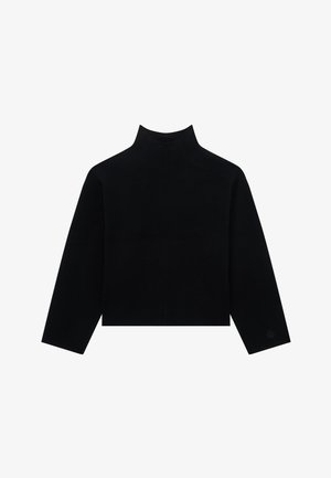 Black long-sleeve mock neck sweater with a center seam and slightly cropped hem on a white background.
