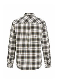 Langarm geruit shirt in wit, marineblauw, bruin en olijf met een button-down kraag, lichtgewicht stof en manchet met enkele knop.