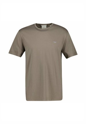 Taupefarbenes Kurzarm-T-Shirt aus Baumwolle mit Rundhalsausschnitt und kleinem gesticktem Logo auf der linken Brustseite.
