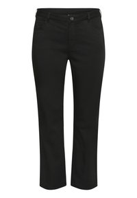 Schwarze gerade geschnittene Hose aus einem weichen Stoff. Mit einem Knopfverschluss, Gürtelschlaufen und fünf Taschen sowie einer glatten Textur.