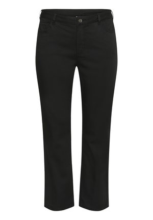 Schwarze gerade geschnittene Hose aus einem weichen Stoff. Mit einem Knopfverschluss, Gürtelschlaufen und fünf Taschen sowie einer glatten Textur.