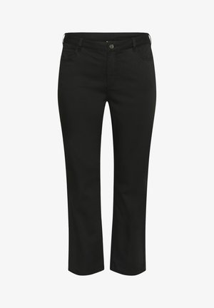 Pantalons droits noirs fabriqués dans un tissu doux. Comprend un bouton à l'avant, des passants de ceinture et cinq poches avec une texture lisse.