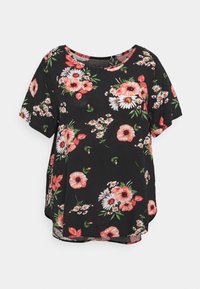 Svart blommig blus med korta ärmar, rund halsringning och en variation av rosa, vita och gröna blommönster. Mjuk tyg.