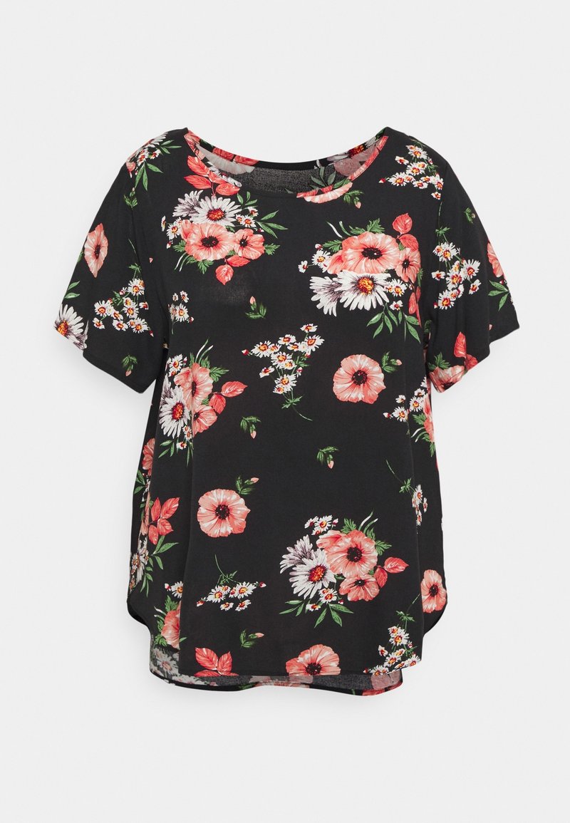 Svart blommig blus med korta ärmar, rund halsringning och en variation av rosa, vita och gröna blommönster. Mjuk tyg.