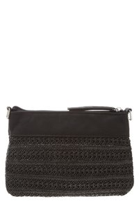 Clutch nera in pelle con texture intrecciata nella parte inferiore, dotata di chiusura con zip e profilo sottile. Dettagli includono una piccola tracolla.