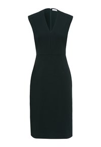 Robe noire sans manches, longueur au genou, avec col en V et taille cintrée, dotée d'une fermeture éclair au dos.