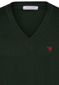 Donkergroene V-hals trui van zachte stof, met een geborduurd rood vogel logo op de linkerborst en geribbelde halslijn.