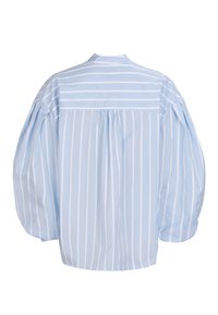 Light blue striped blouse with puffed sleeves, broad white stripes, gathered back detail, and a classic collar. Soft cotton material.