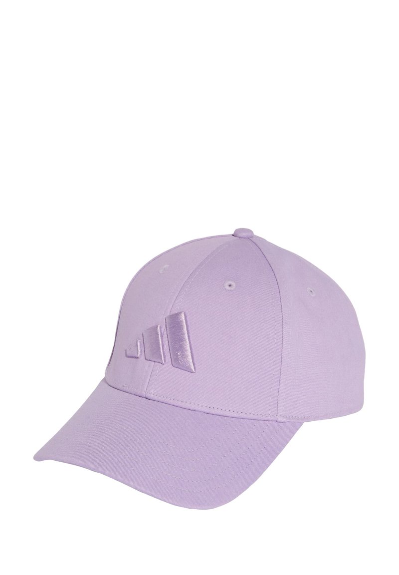Light purple baseball cap made of fabric, featuring a curved brim and embroidered logo detail on the front. Six ventilation eyelets included.