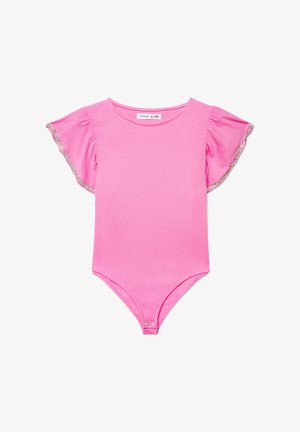 Body rosa con maniche corte a volant, collo arrotondato e chiusura a scatto sul fondo. Tessuto morbido, design semplice.