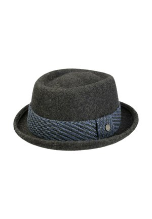 Dark gray felt fedora hat with a blue and black patterned band and a small round metal emblem on the side.