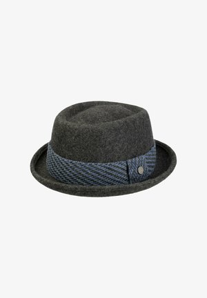 Dark gray felt fedora hat with a blue and black patterned band and a small round metal emblem on the side.