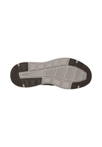 Semelle de sneaker Skechers avec un fond en caoutchouc texturé, présentant une palette de couleurs grise et noire, avec des motifs géométriques pour une meilleure traction.