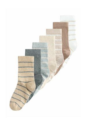 Set of eight pairs of socks in varying shades of beige, blue, and brown, featuring striped patterns and ribbed cuffs. Soft fabric texture.