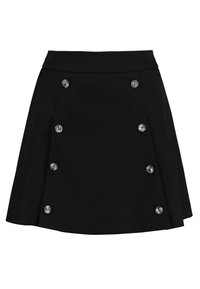 Gonna nera con un design strutturato, fronte plissettato e cinque bottoni decorativi argentati lungo il lato per un tocco di stile. Tessuto dalla texture liscia.