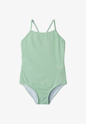 Grønnstripet badedrakt med tynne stropper, med et horisontalt mønster i ulike nyanser av grønt og grått. Myk, glatt tekstur.